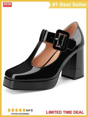Platform Mary Jane T-Strap Chunky High Heels Patent Leather Block Heel